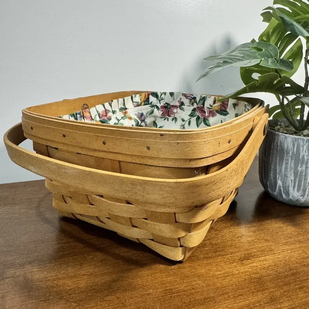 Longaberger Handwoven Wood Basket with Floral Liner Swing Handle Dresden Ohio
